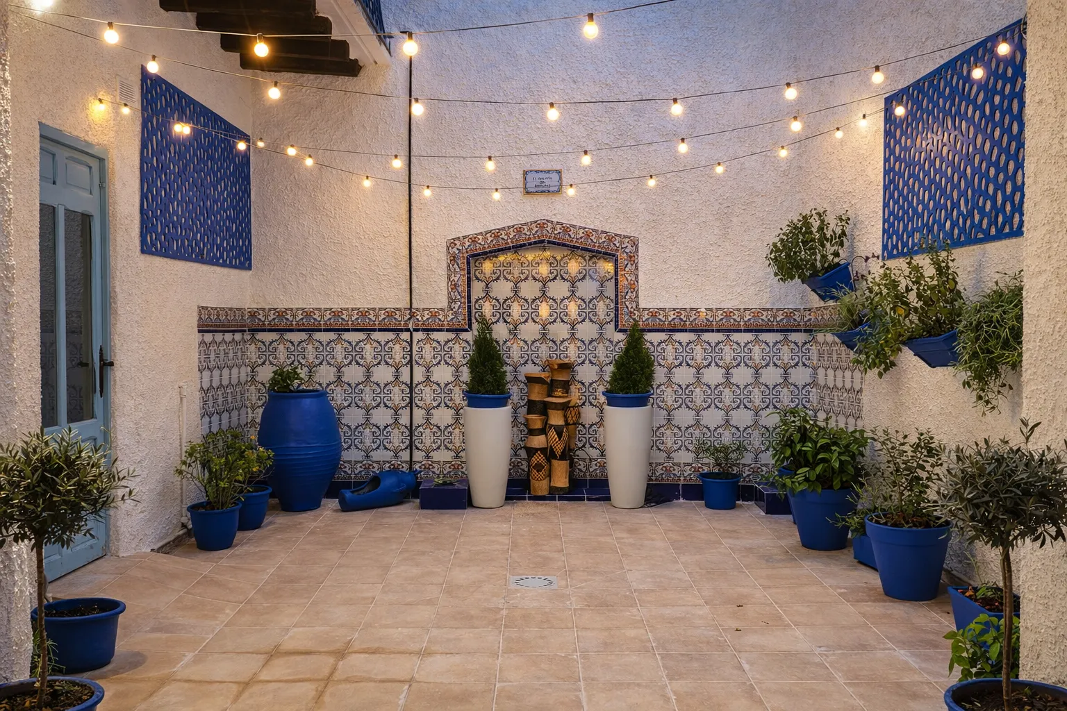 Binnenpatio met blauwe tegels, planten, fontein en lichtslinger
