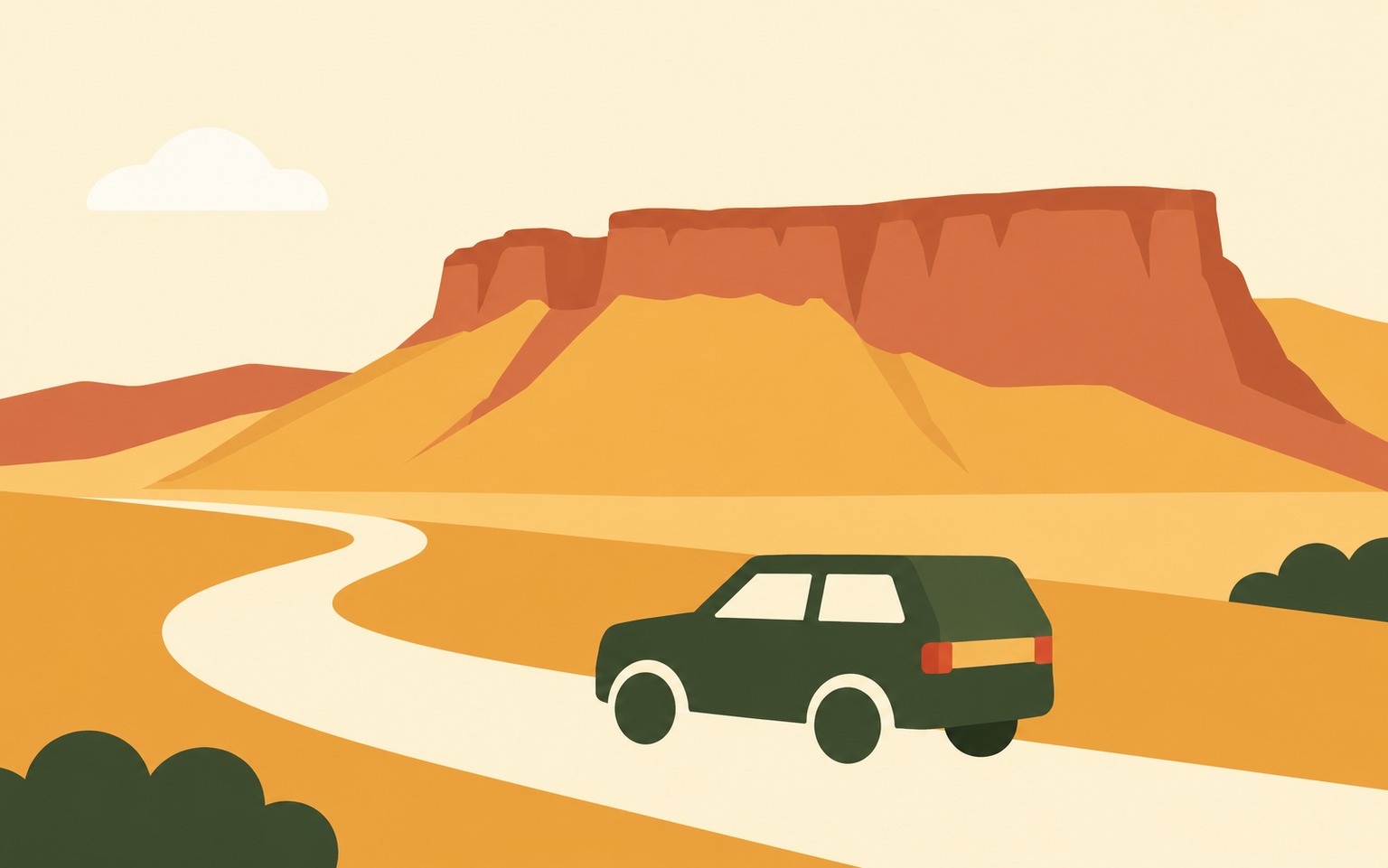 Illustratie van een auto op een grindweg in de Bardenas