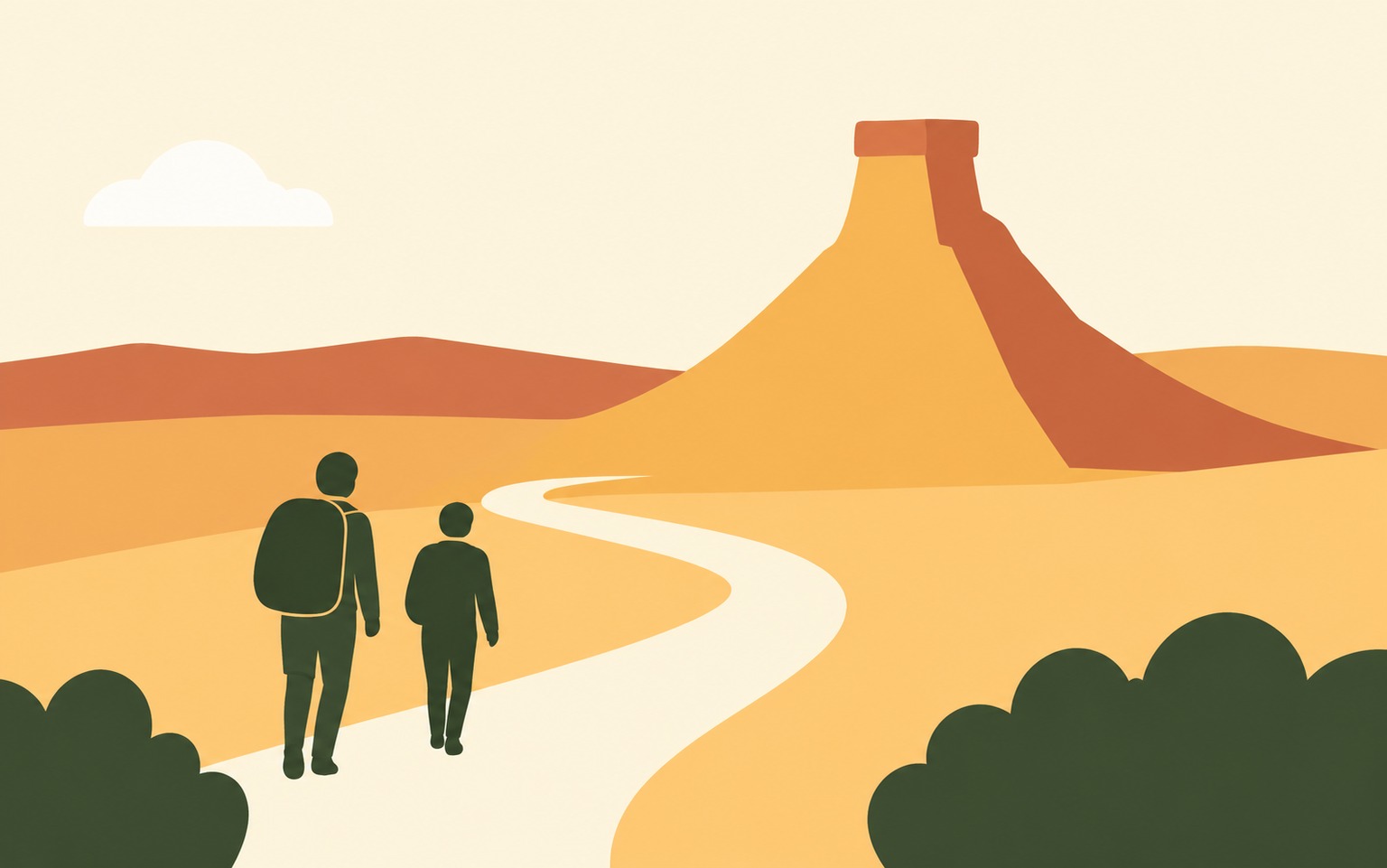 Illustratie van twee bezoekers die naar een heuvel in de Bardenas lopen