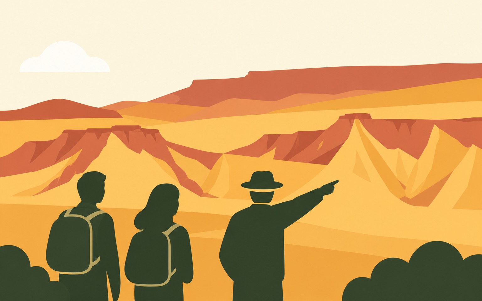 Illustratie van een gids die het landschap aan bezoekers uitlegt