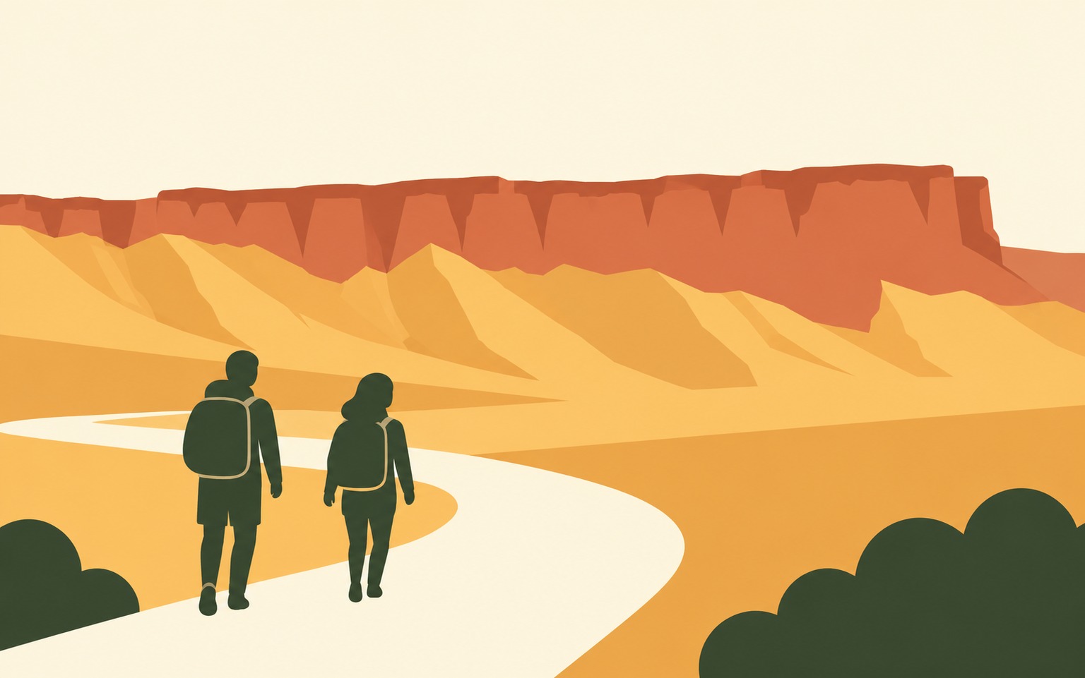 Illustratie van wandelaars op een pad in de Bardenas