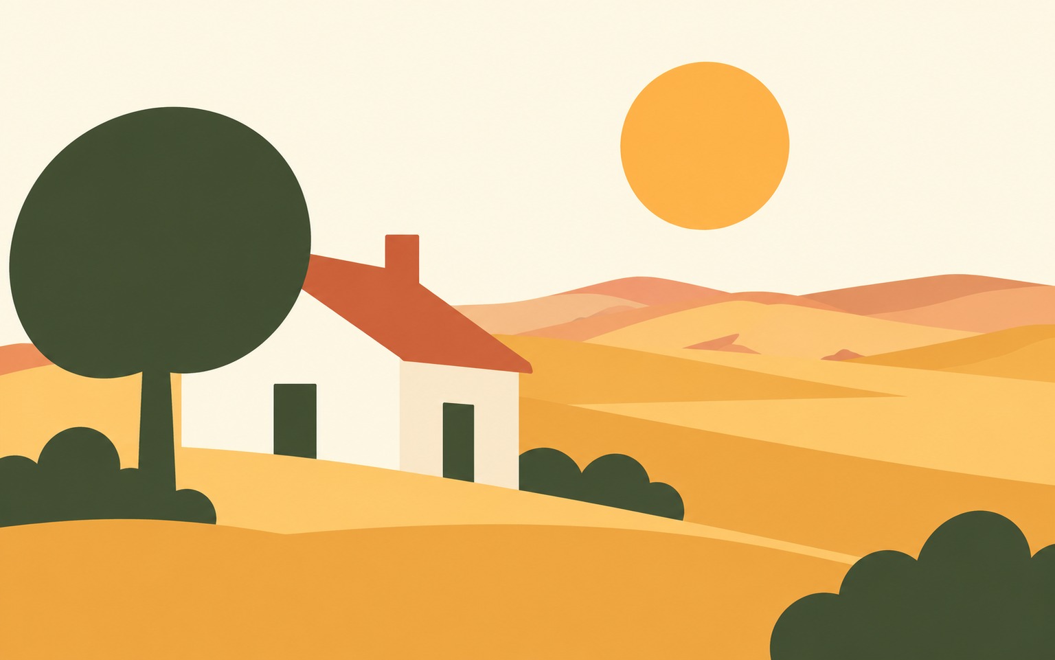 Illustration d’une maison rurale entre les collines au soleil