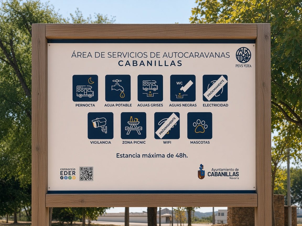 Panneau des services de l’aire camping-car de Cabanillas